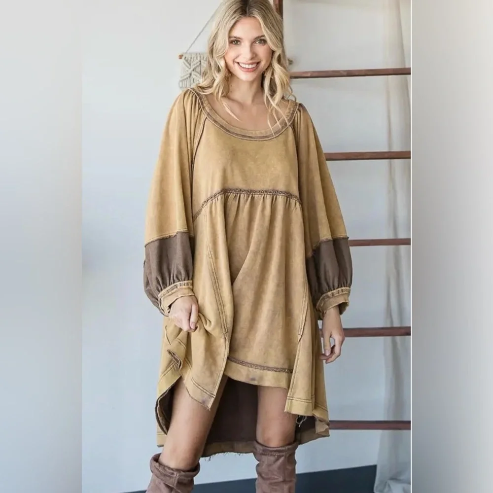 Oli & Hali Mineral Washed Mocha Babydoll Dress New Small Tic Toc